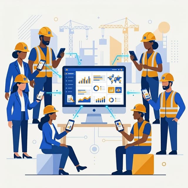 Team mit Bauhelmen verbunden über zentrales Dashboard